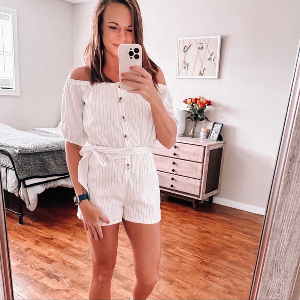 revolve l’academie white stoped off shoulder romper with tie waist